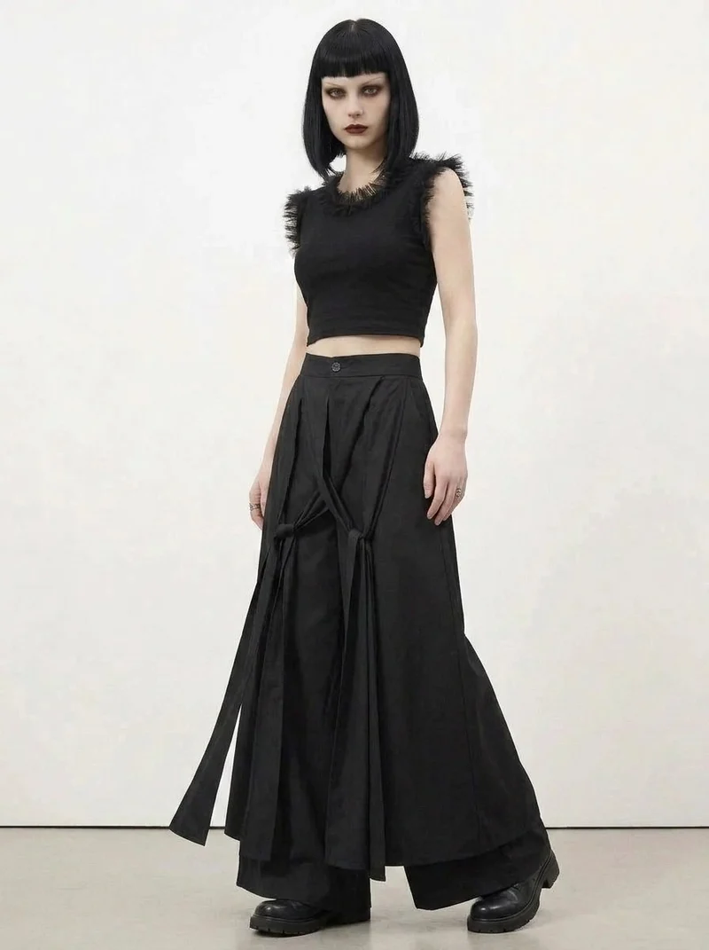 Simple Moderne Black Layered Wide-Leg Trousers – Structured Asymmetrical Panels