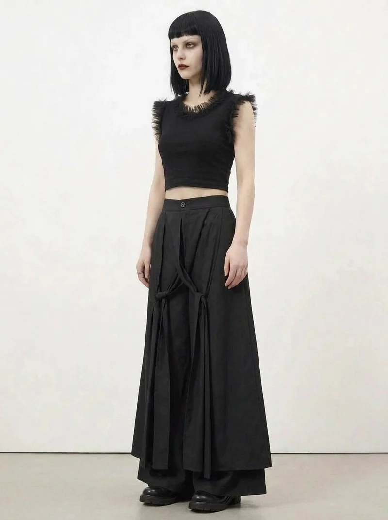 Simple Moderne Black Layered Wide-Leg Trousers – Structured Asymmetrical Panels
