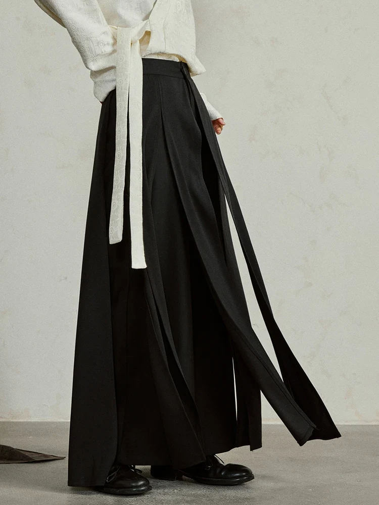Simple Moderne Black Layered Wide-Leg Trousers – Structured Asymmetrical Panels