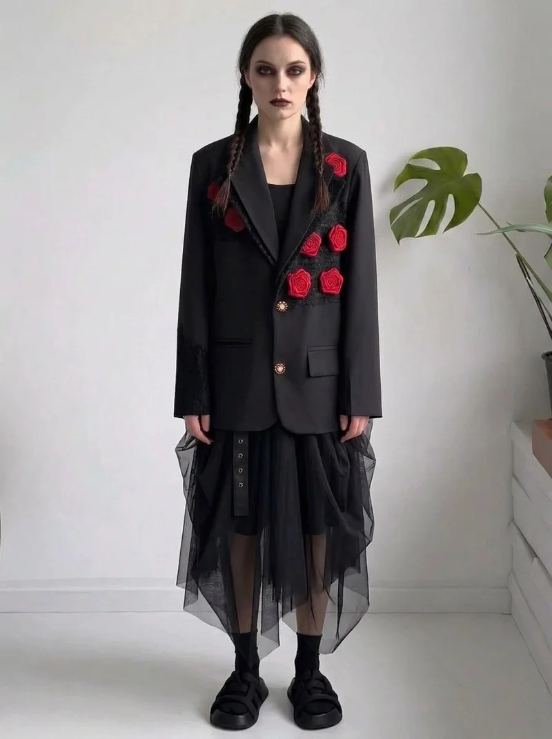 Rose Appliqué Blazer – Gothic Tailoring Statement