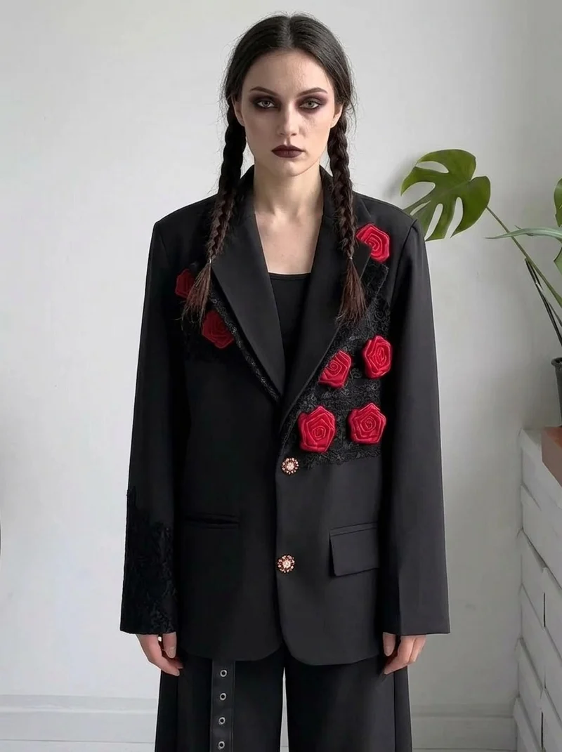 Rose Appliqué Blazer – Gothic Tailoring Statement