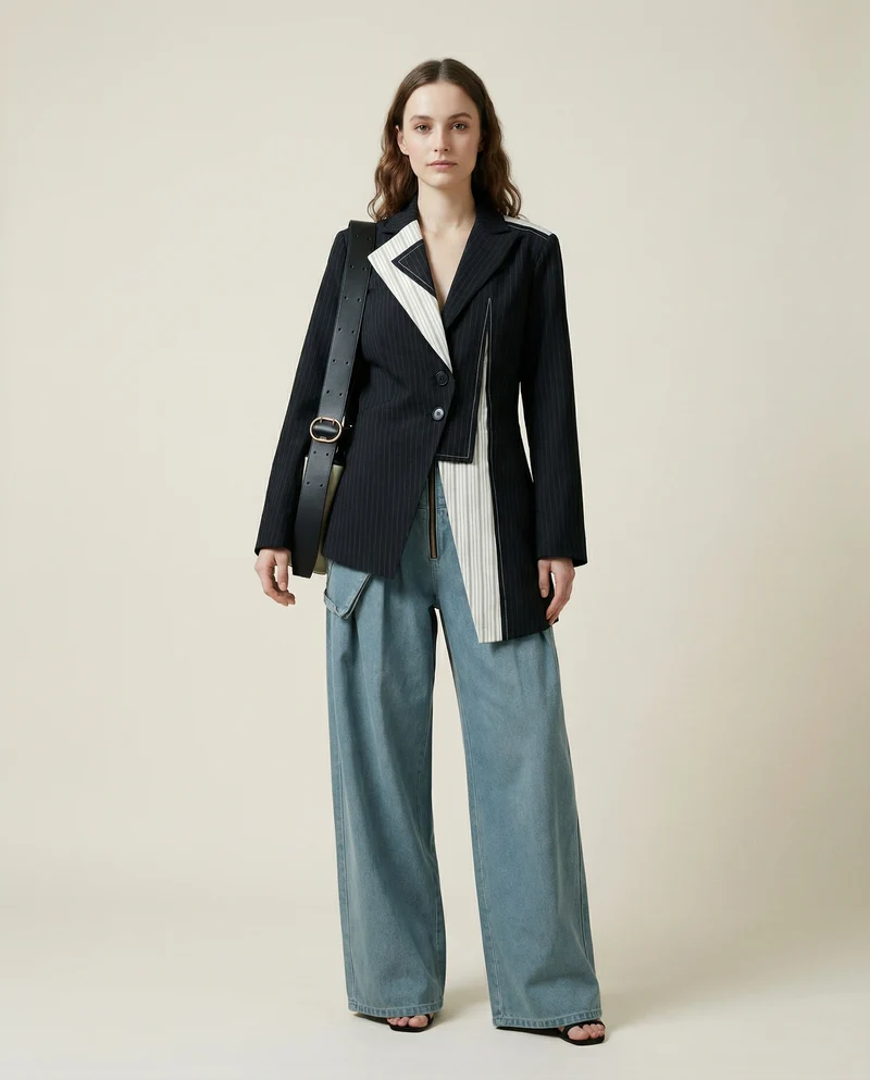Asymmetrical Navy Blue Pinstripe Blazer with Contrast Panels