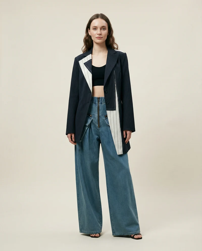 Asymmetrical Navy Blue Pinstripe Blazer with Contrast Panels