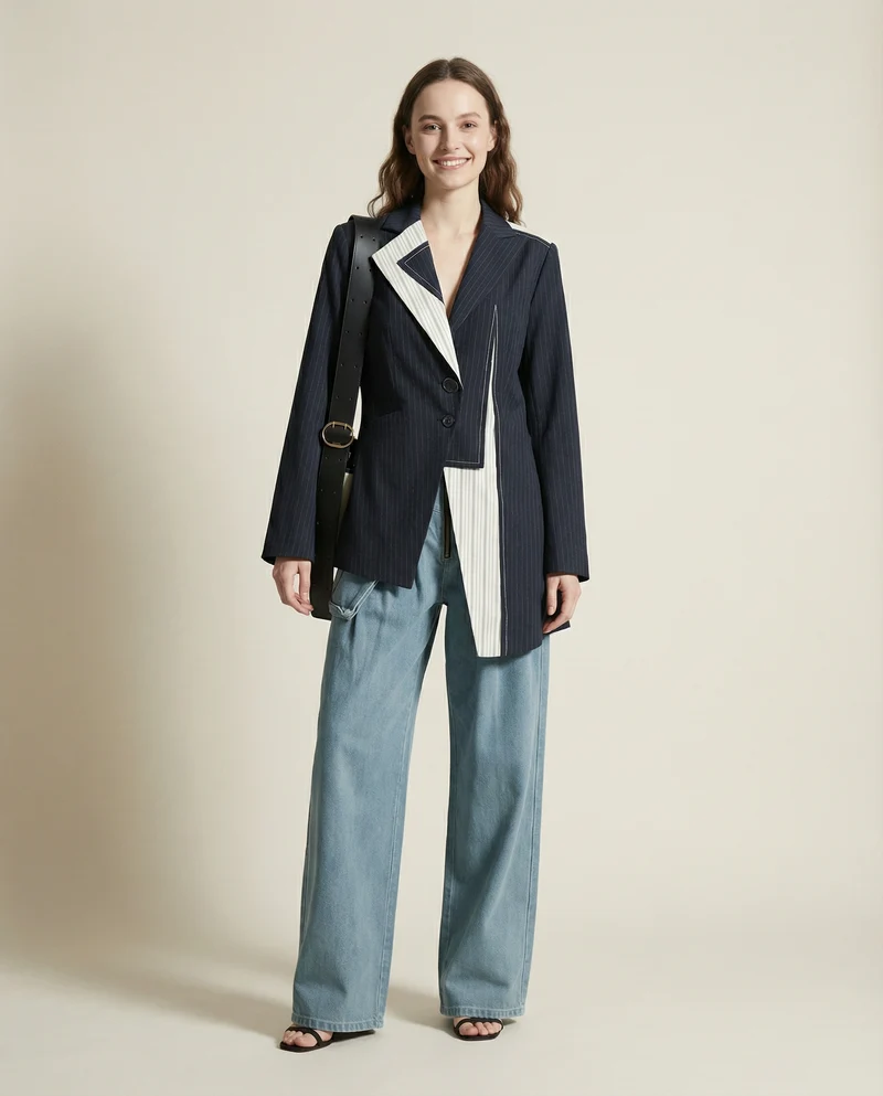 Asymmetrical Navy Blue Pinstripe Blazer with Contrast Panels