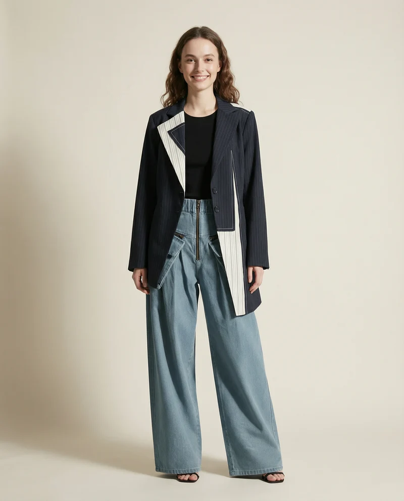 Asymmetrical Navy Blue Pinstripe Blazer with Contrast Panels