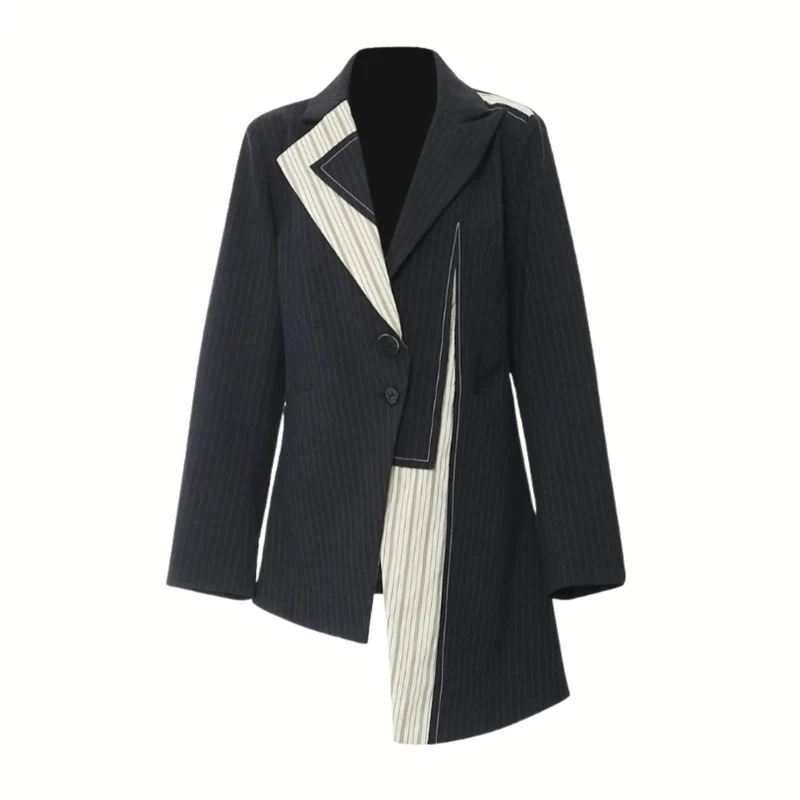Asymmetrical Navy Blue Pinstripe Blazer with Contrast Panels