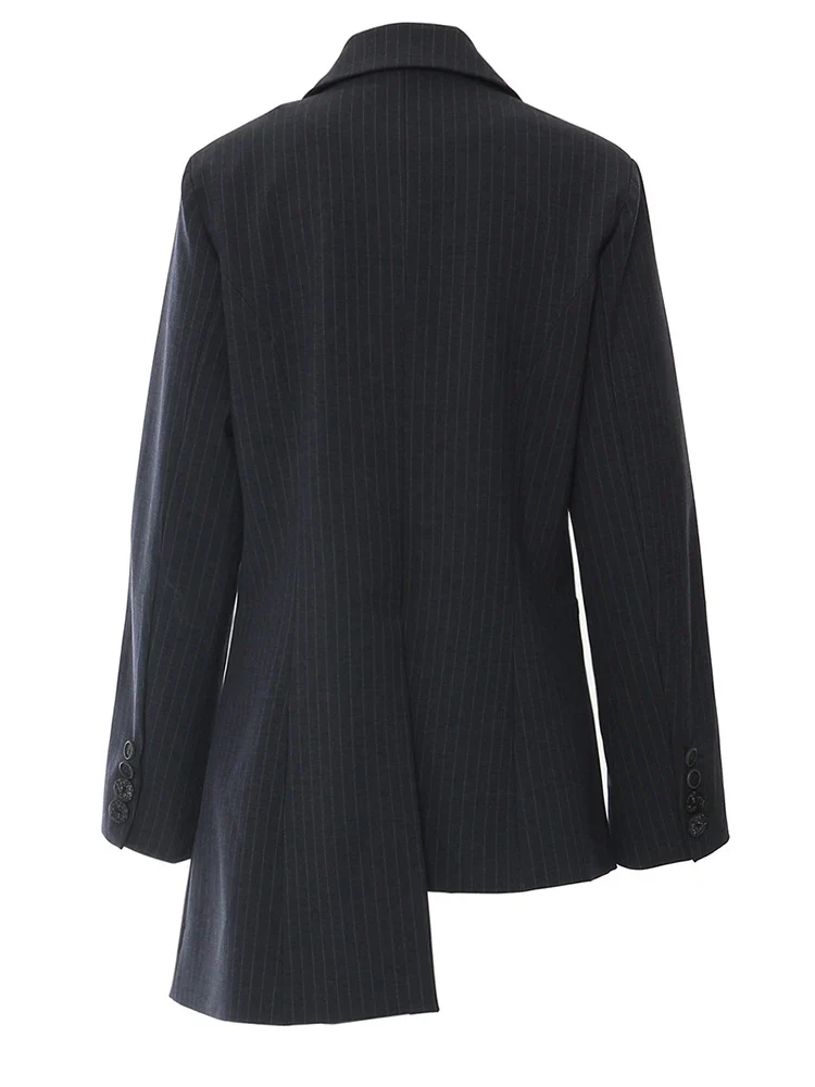 Asymmetrical Navy Blue Pinstripe Blazer with Contrast Panels