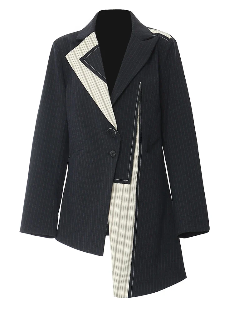 Asymmetrical Navy Blue Pinstripe Blazer with Contrast Panels