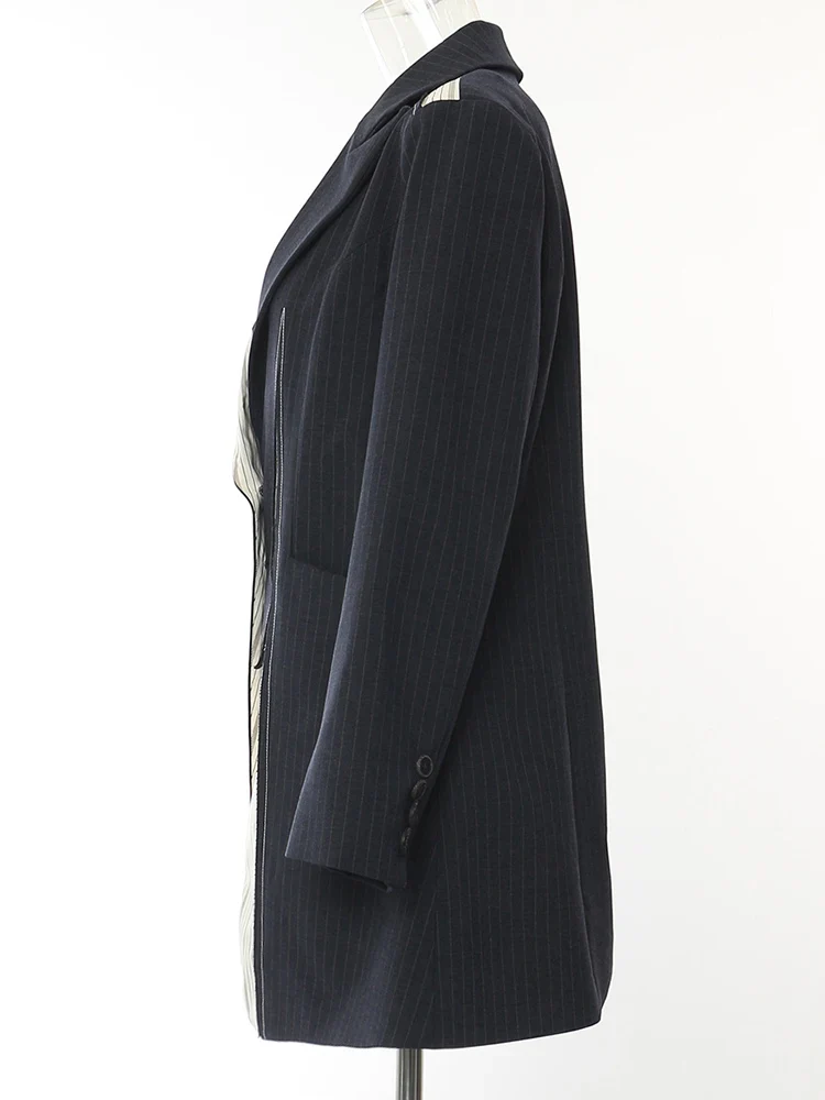 Asymmetrical Navy Blue Pinstripe Blazer with Contrast Panels