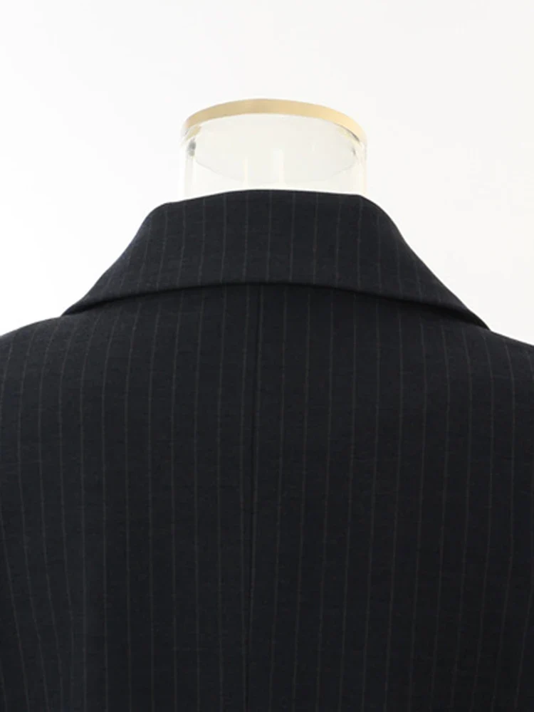 Asymmetrical Navy Blue Pinstripe Blazer with Contrast Panels