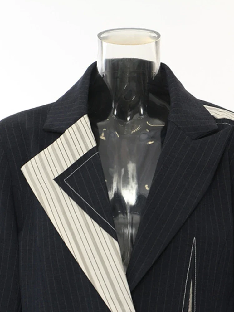 Asymmetrical Navy Blue Pinstripe Blazer with Contrast Panels