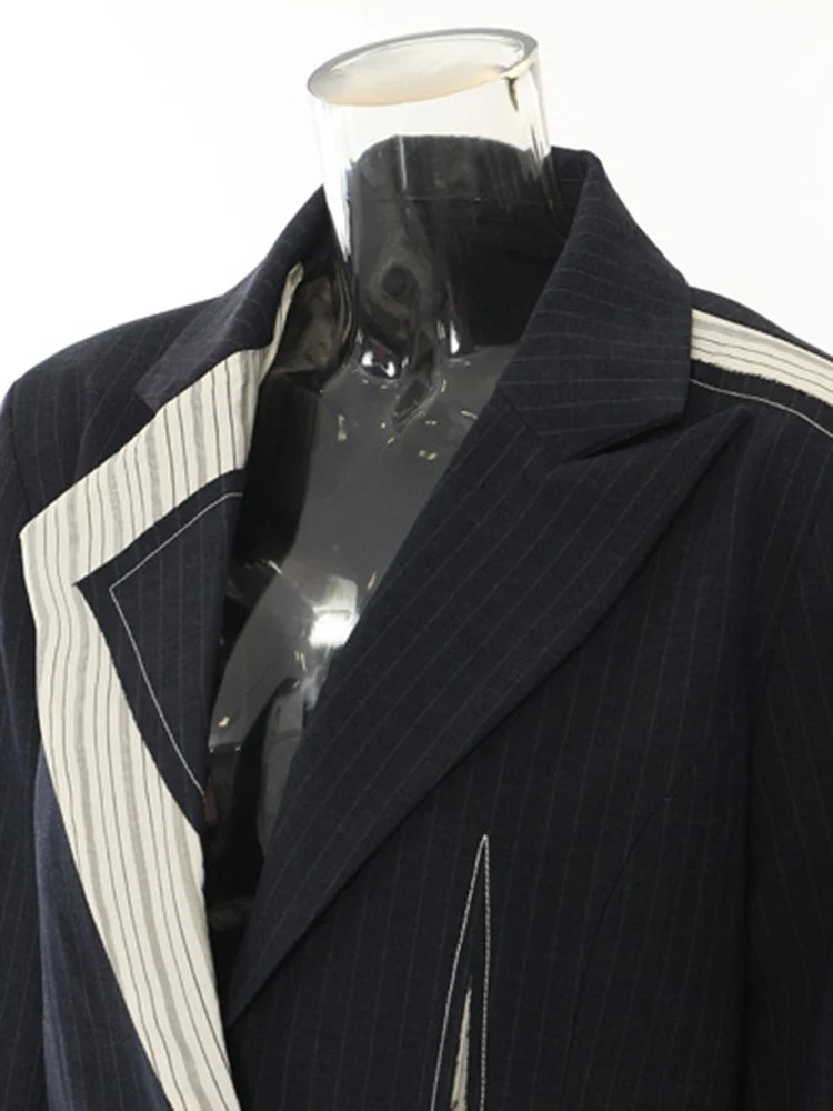 Asymmetrical Navy Blue Pinstripe Blazer with Contrast Panels
