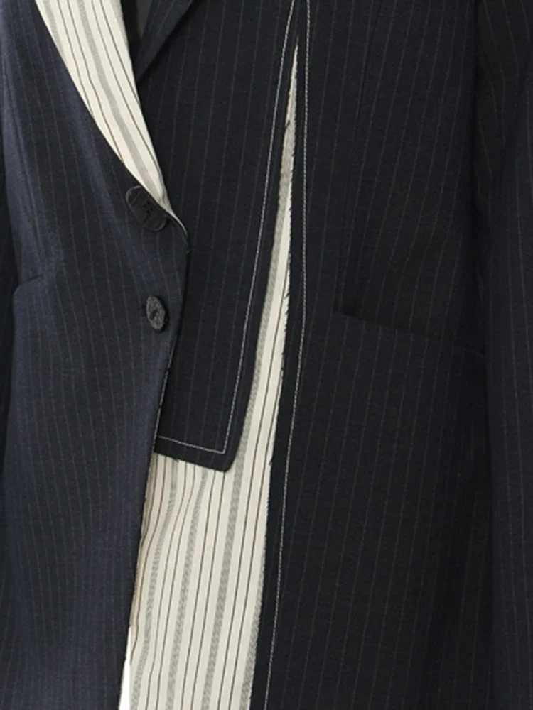 Asymmetrical Navy Blue Pinstripe Blazer with Contrast Panels