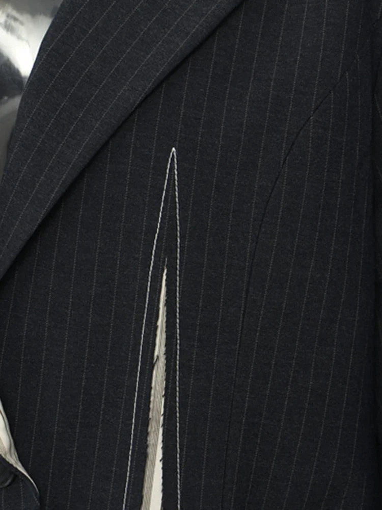 Asymmetrical Navy Blue Pinstripe Blazer with Contrast Panels
