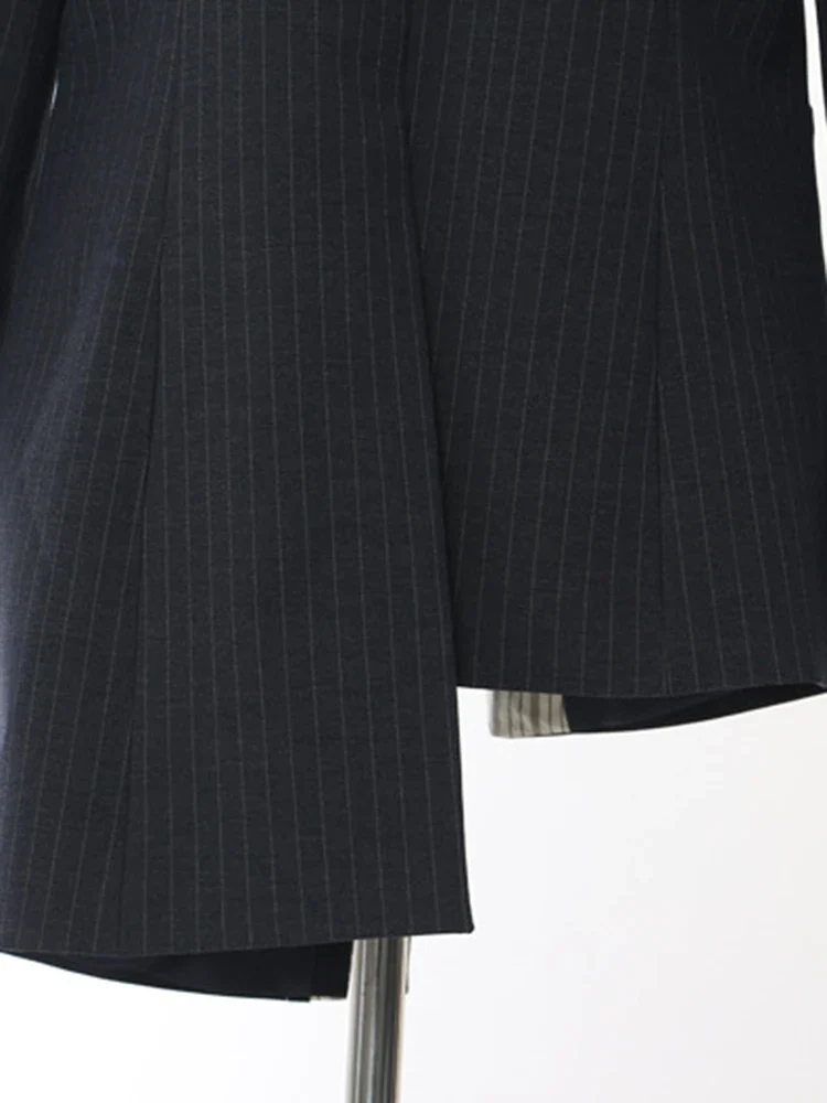 Asymmetrical Navy Blue Pinstripe Blazer with Contrast Panels