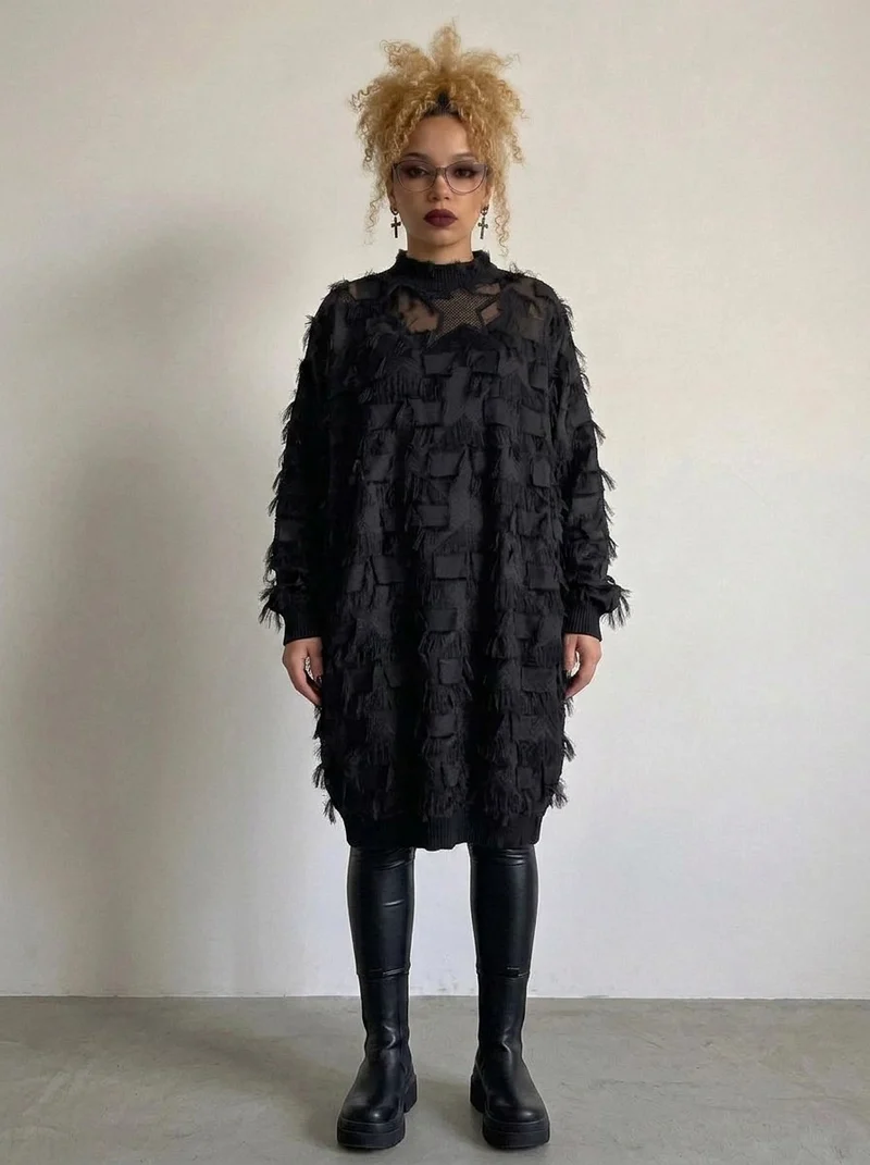 Edgy Sheer Pullover Dress with Side Splits and Textured Star Details
