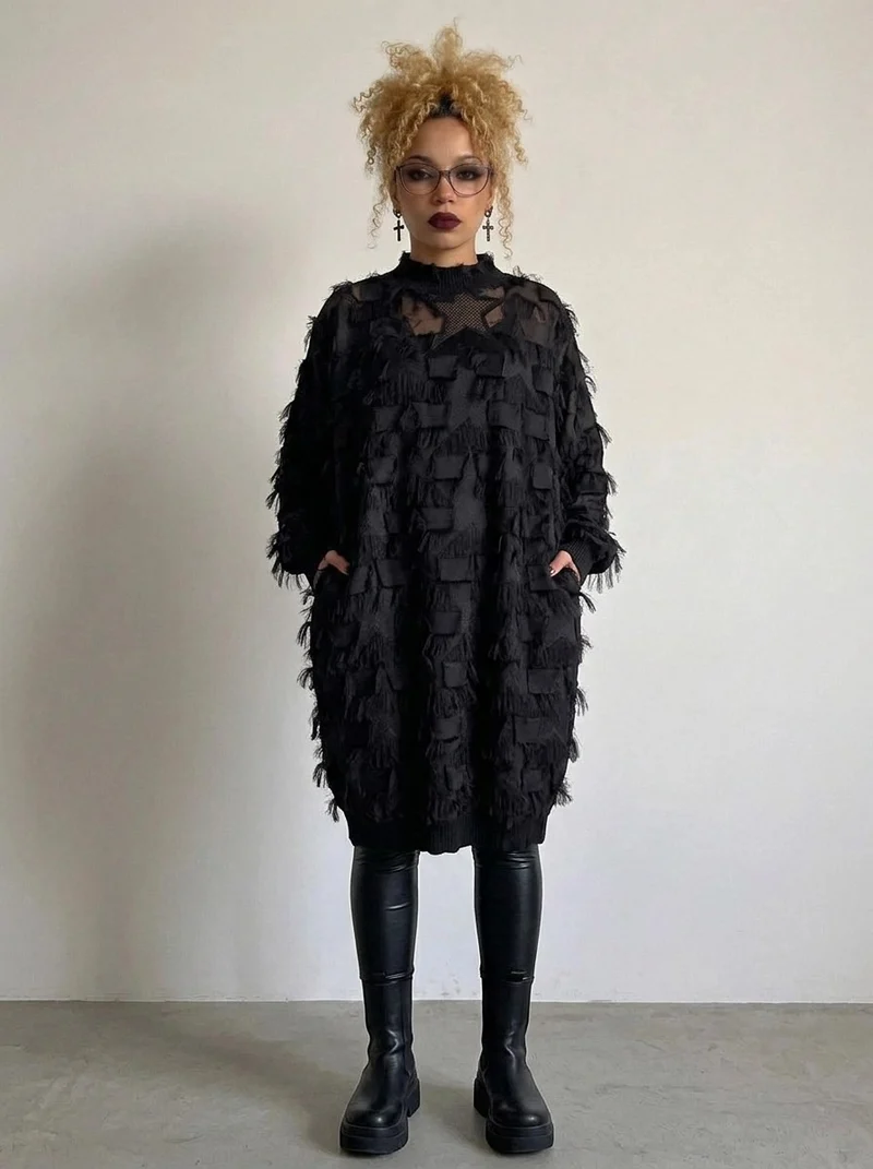 Edgy Sheer Pullover Dress with Side Splits and Textured Star Details