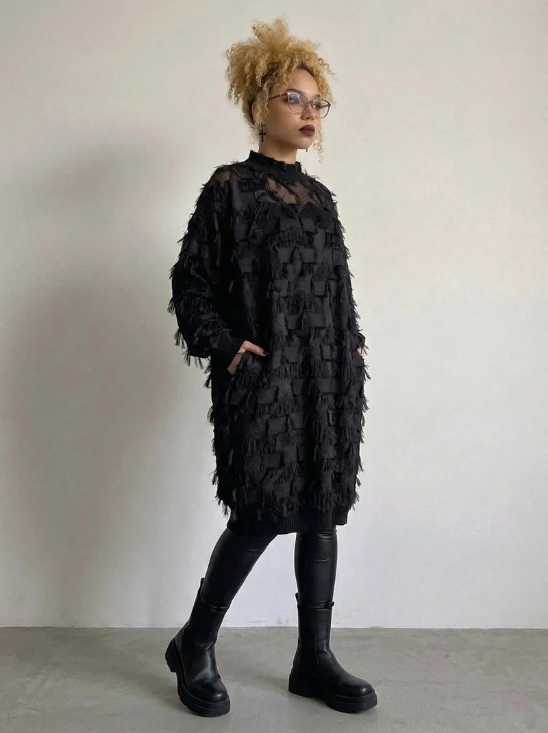 Edgy Sheer Pullover Dress with Side Splits and Textured Star Details