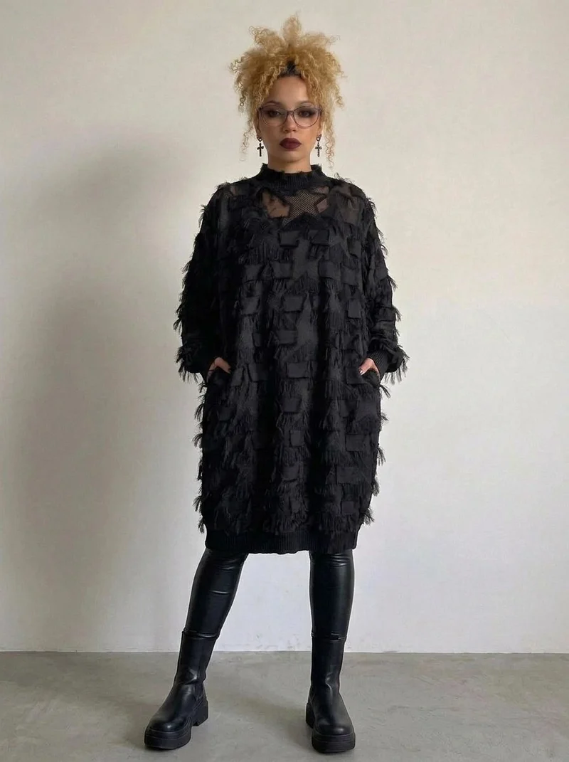 Edgy Sheer Pullover Dress with Side Splits and Textured Star Details