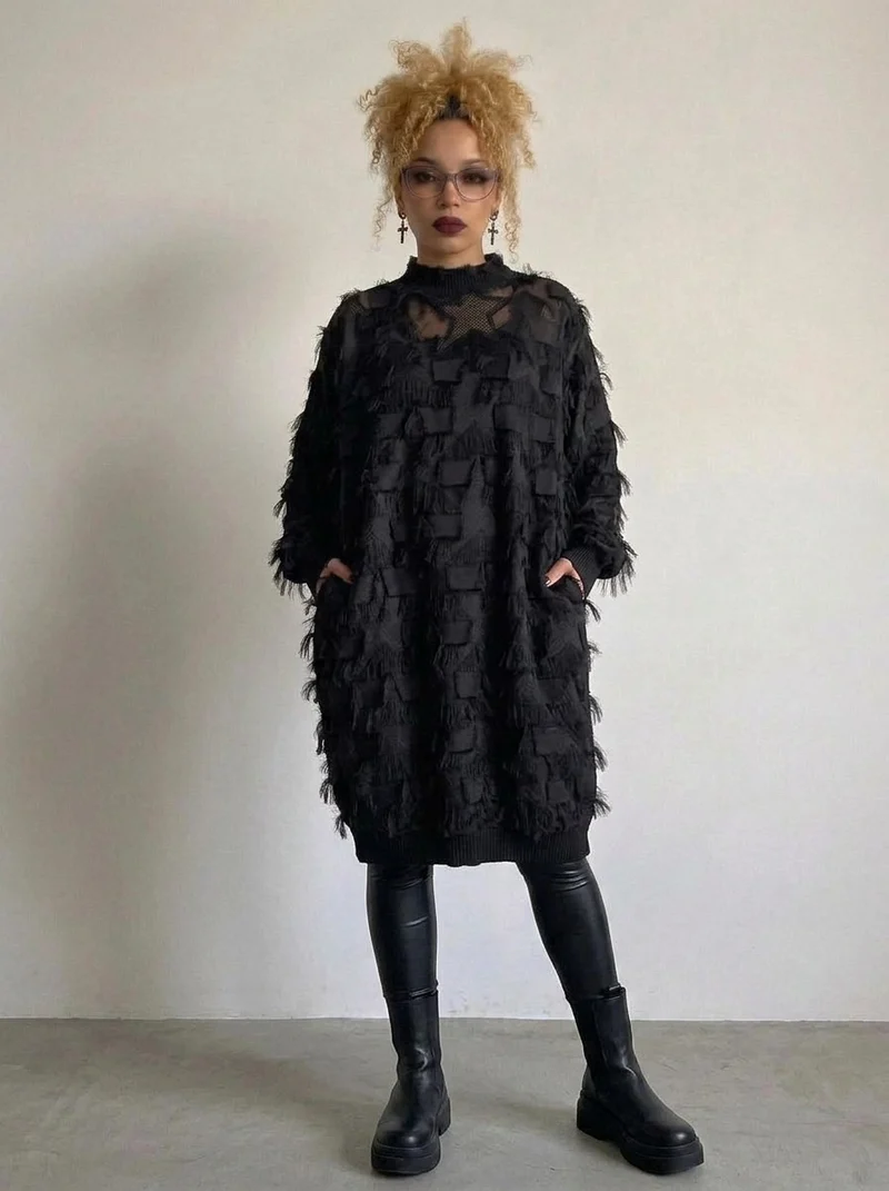 Edgy Sheer Pullover Dress with Side Splits and Textured Star Details