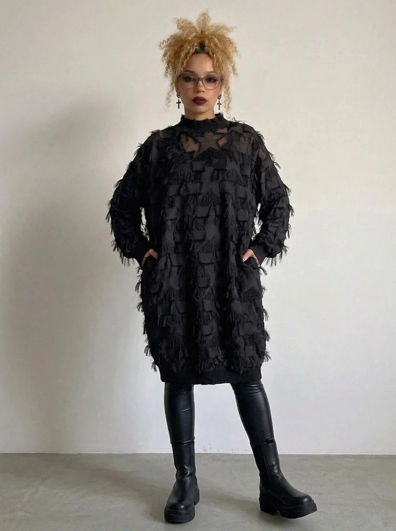 Edgy Sheer Pullover Dress with Side Splits and Textured Star Details