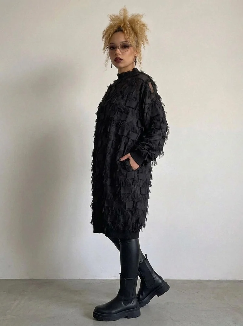 Edgy Sheer Pullover Dress with Side Splits and Textured Star Details