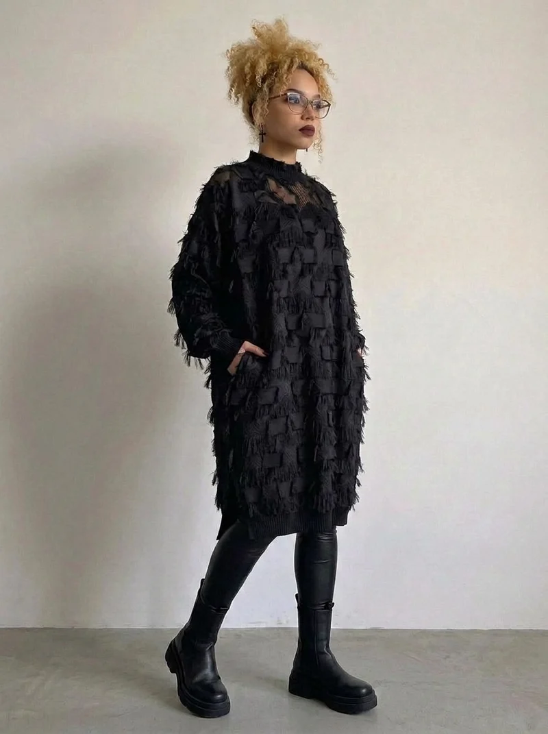 Edgy Sheer Pullover Dress with Side Splits and Textured Star Details