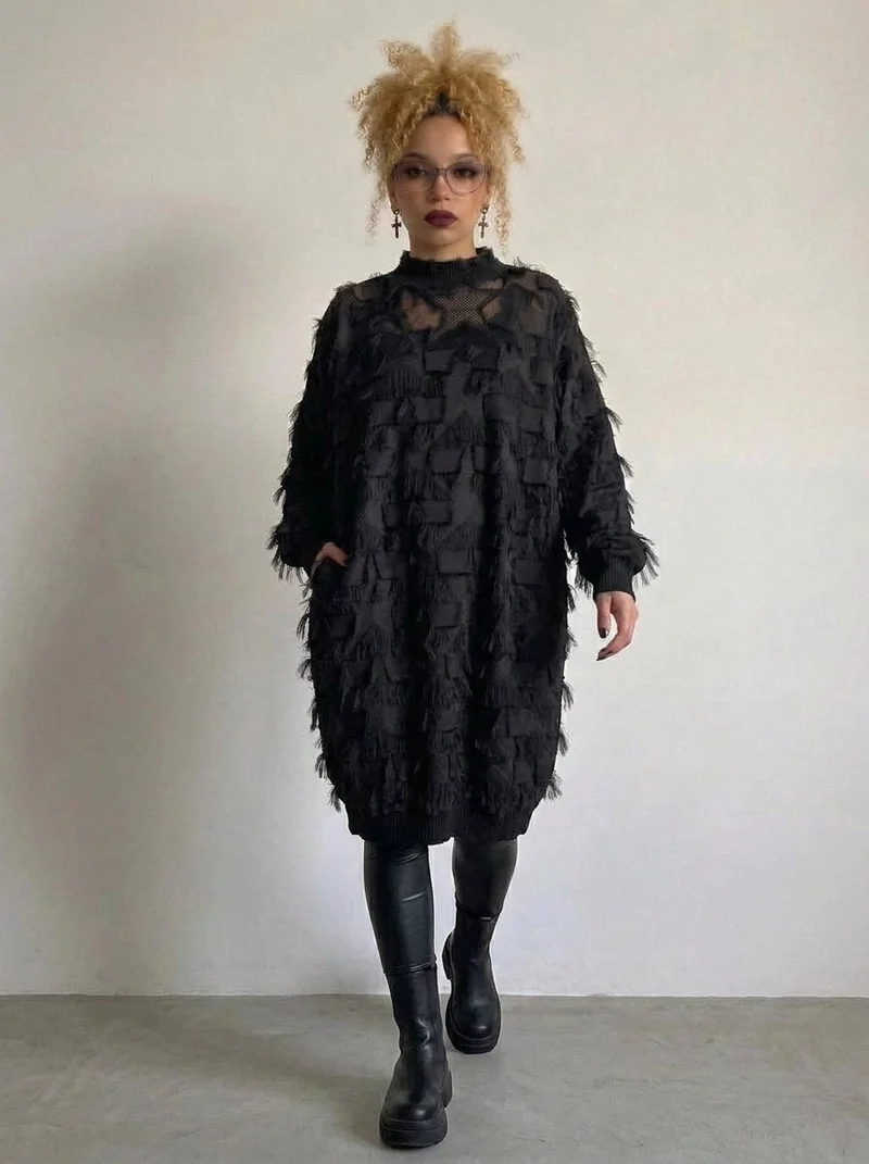 Edgy Sheer Pullover Dress with Side Splits and Textured Star Details