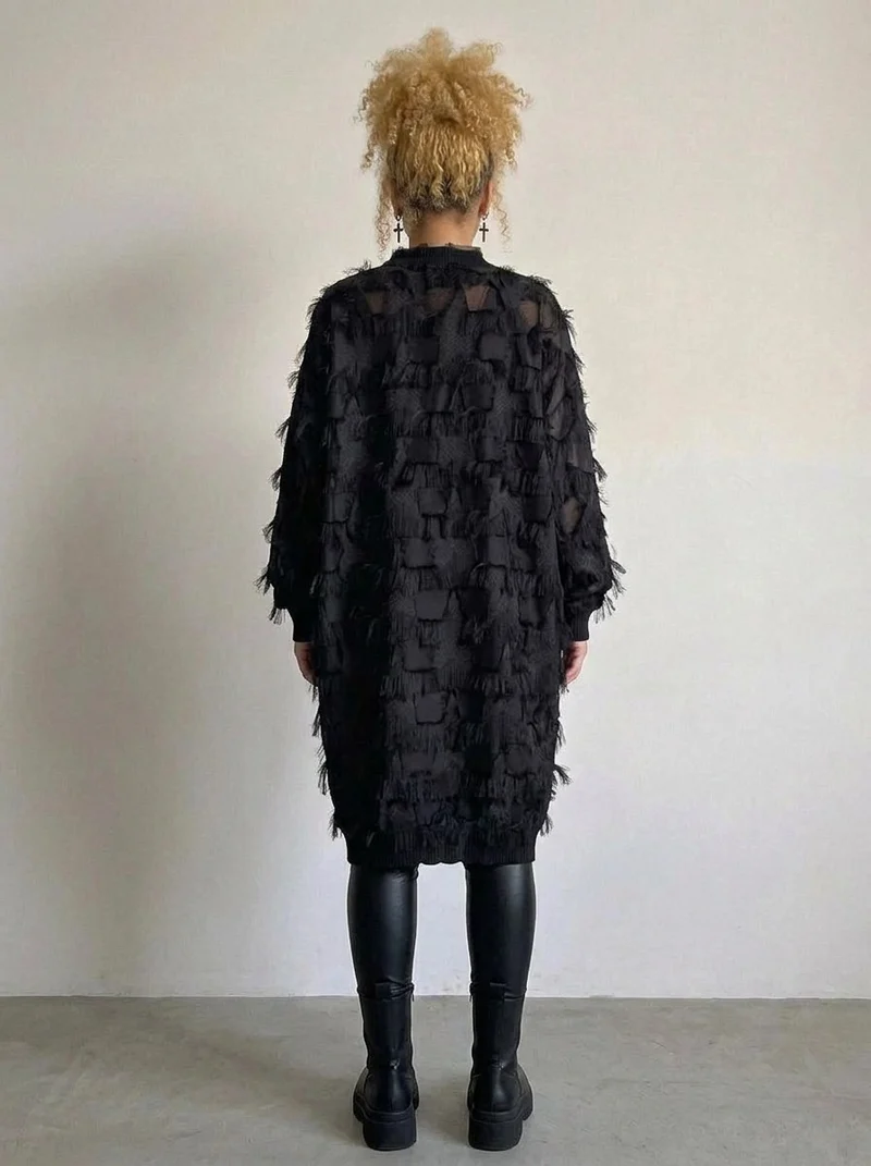 Edgy Sheer Pullover Dress with Side Splits and Textured Star Details