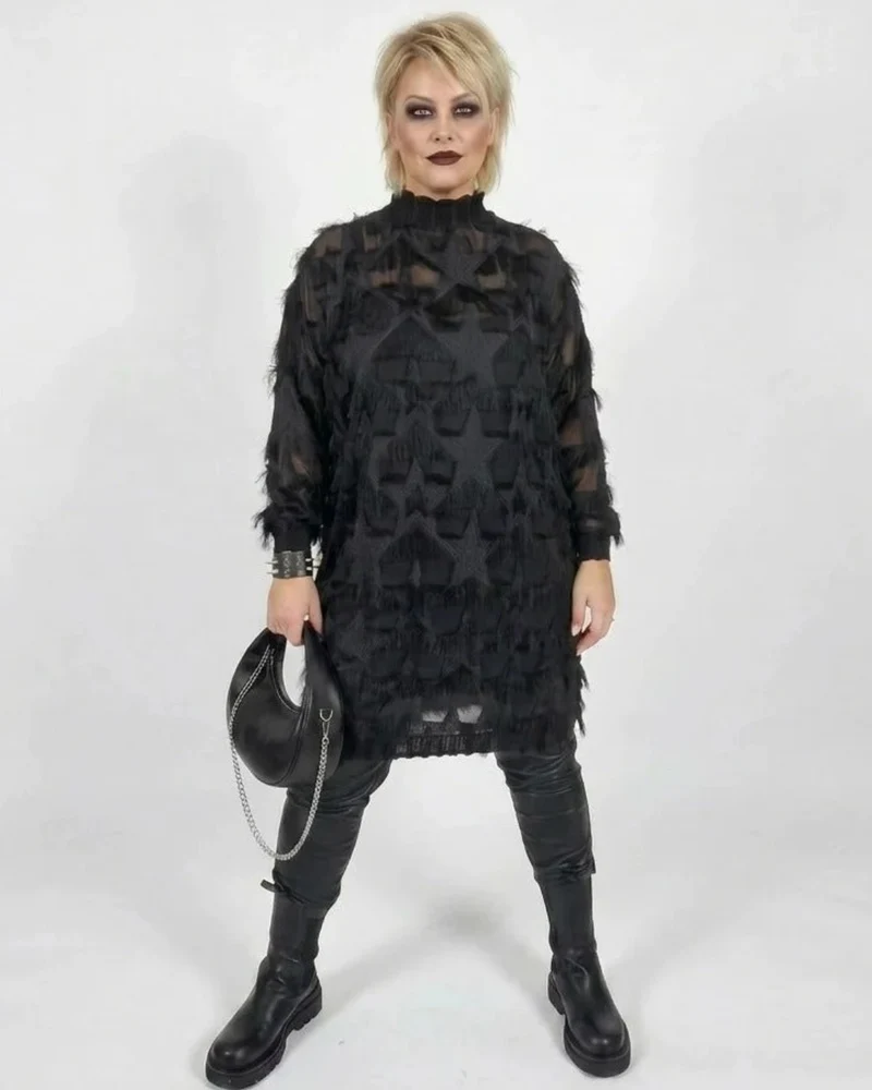 Edgy Sheer Pullover Dress with Side Splits and Textured Star Details