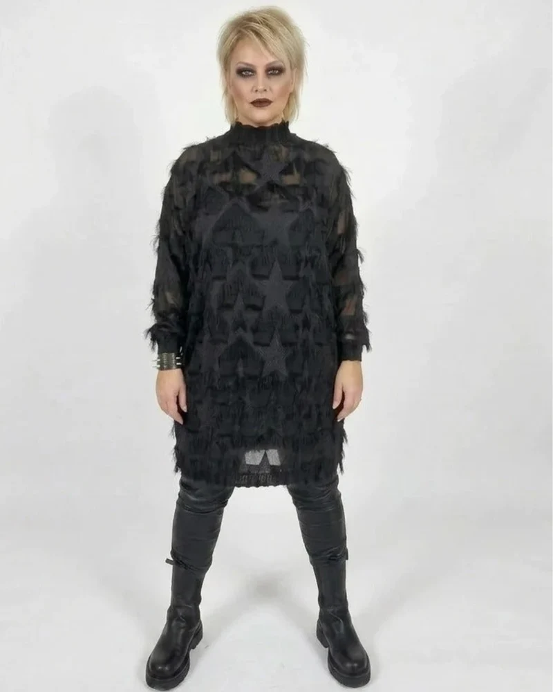 Edgy Sheer Pullover Dress with Side Splits and Textured Star Details