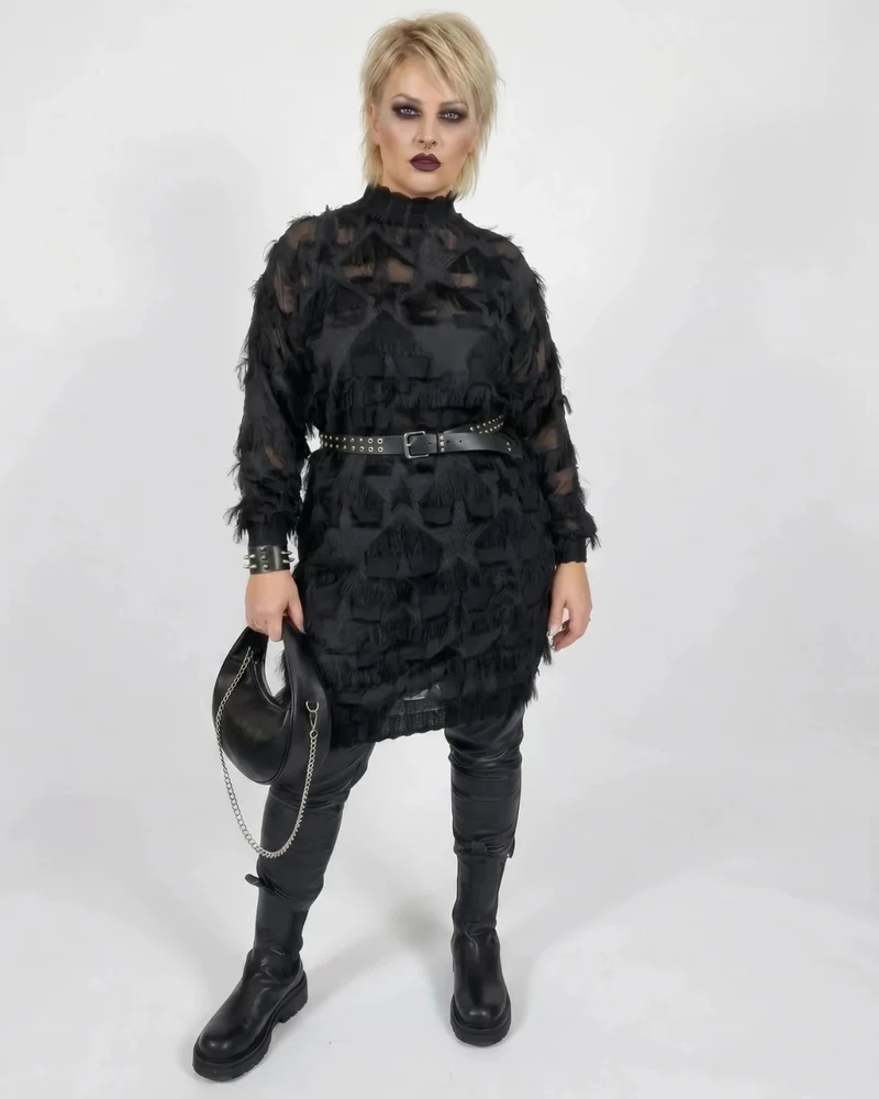 Edgy Sheer Pullover Dress with Side Splits and Textured Star Details