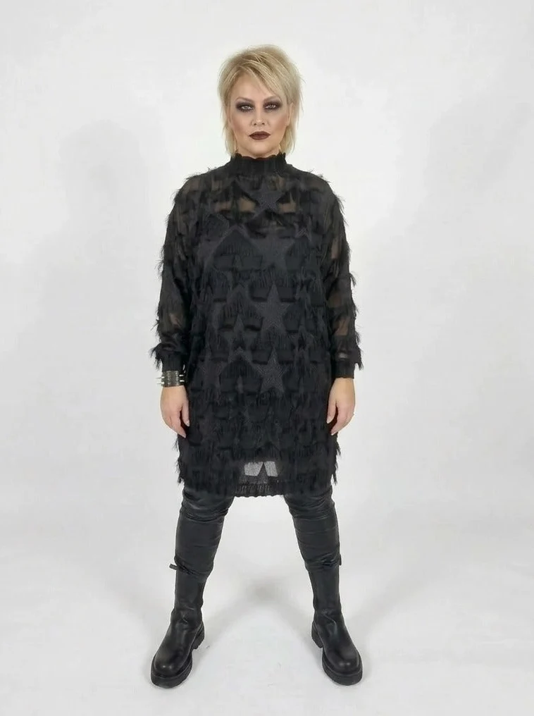 Edgy Sheer Pullover Dress with Side Splits and Textured Star Details
