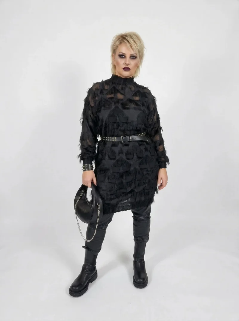 Edgy Sheer Pullover Dress with Side Splits and Textured Star Details