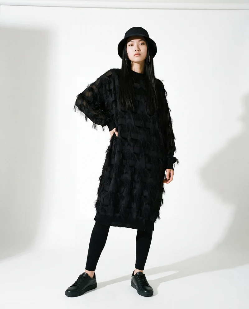 Edgy Sheer Pullover Dress with Side Splits and Textured Star Details