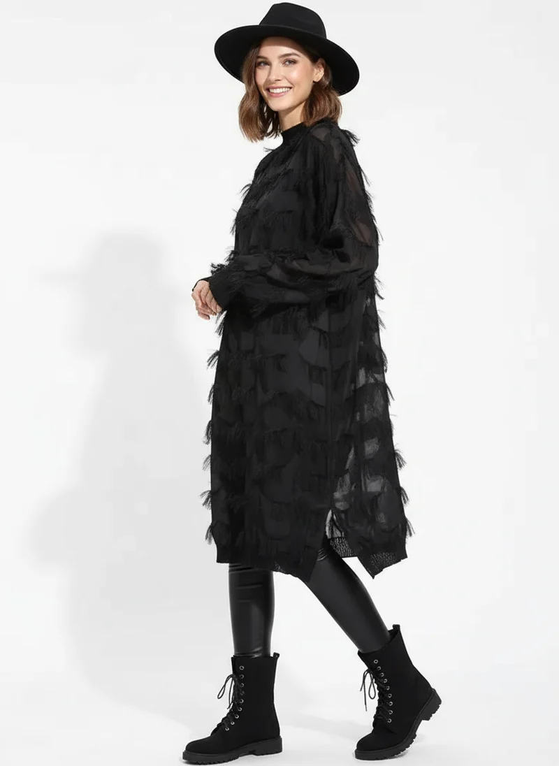 Edgy Sheer Pullover Dress with Side Splits and Textured Star Details