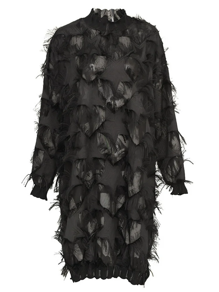 Edgy Sheer Pullover Dress with Side Splits and Textured Star Details