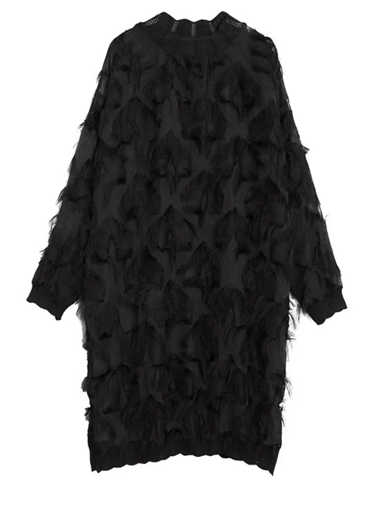 Edgy Sheer Pullover Dress with Side Splits and Textured Star Details