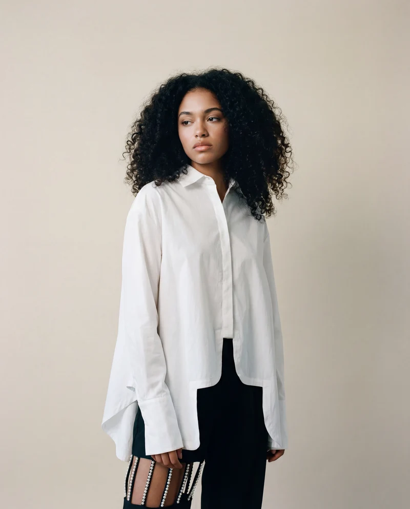 Asymmetrical Hem White Blouse with Unique Cut