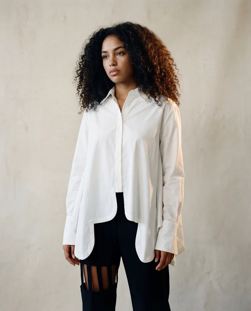 Asymmetrical Hem White Blouse with Unique Cut
