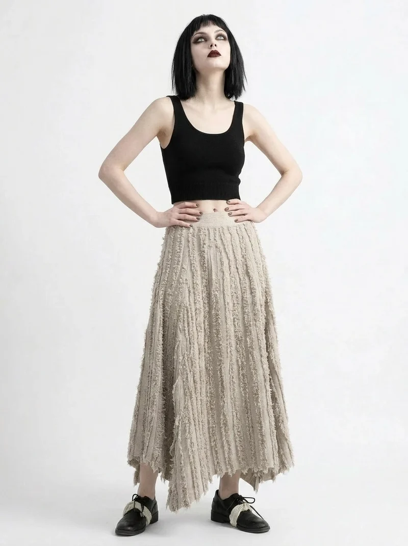 Textured Raw Edge Skirt – Sand Beige