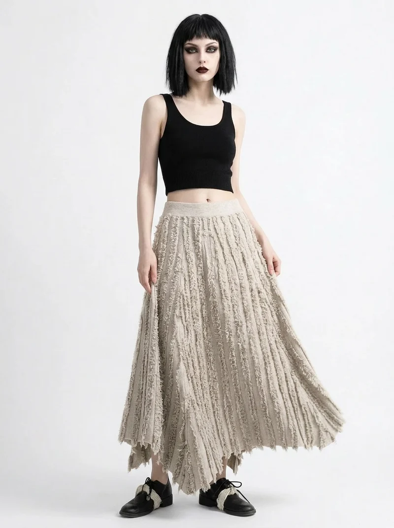 Textured Raw Edge Skirt – Sand Beige