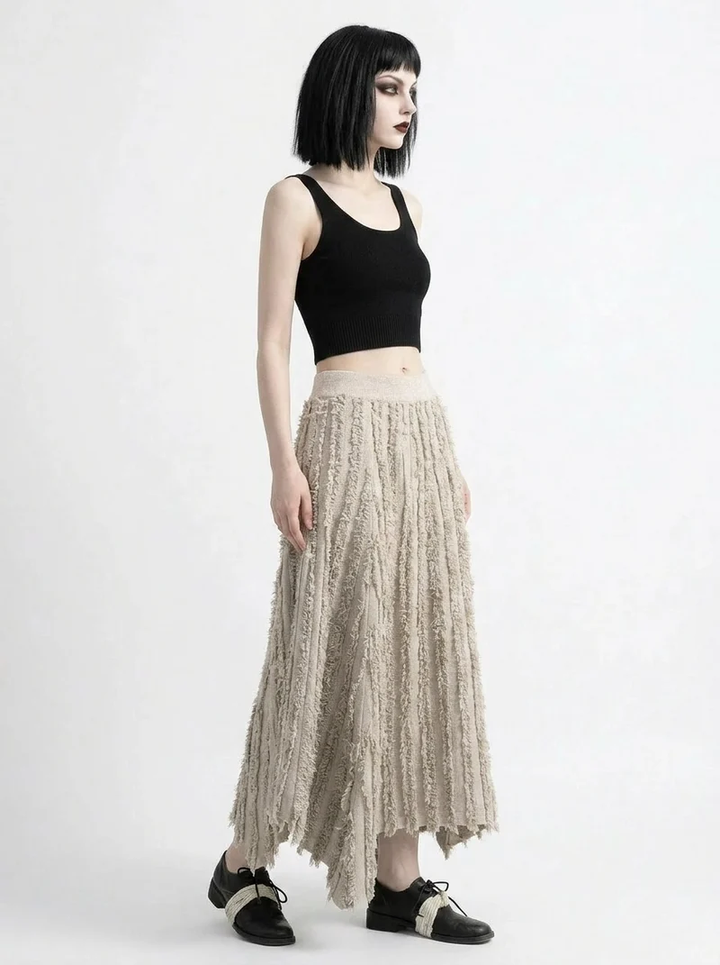Textured Raw Edge Skirt – Sand Beige