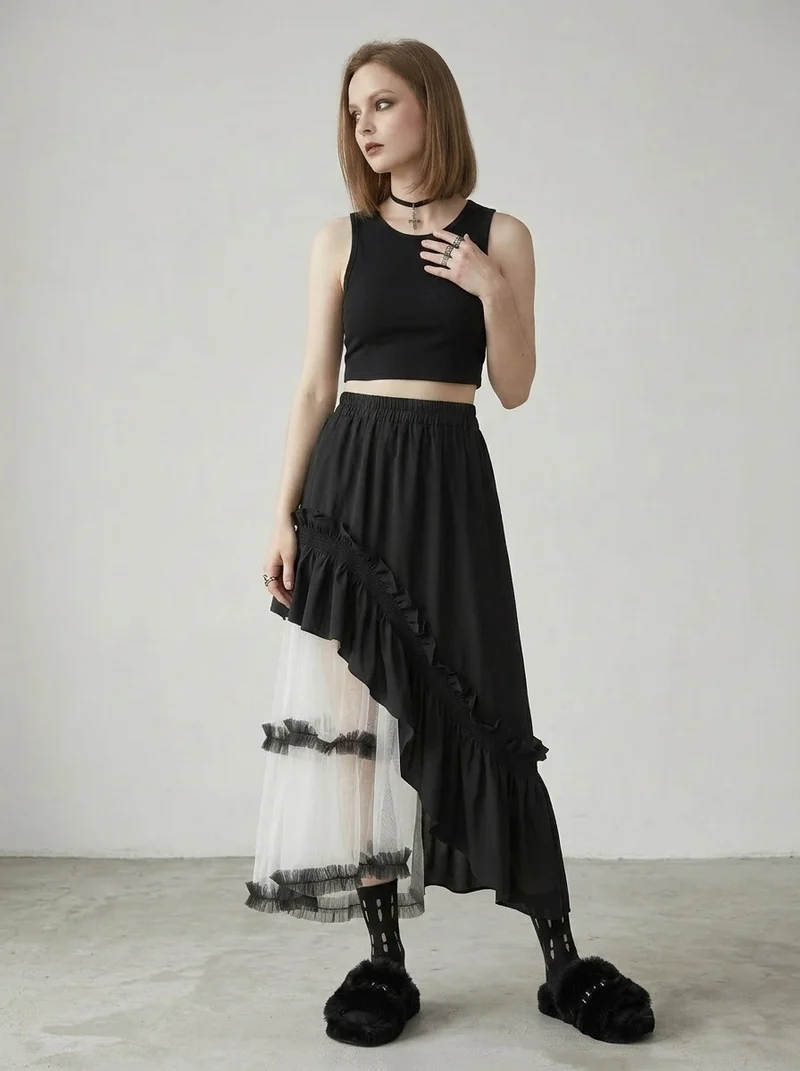 Asymmetrical Tulle Layer Minimal Goth Skirt – Black & Ivory