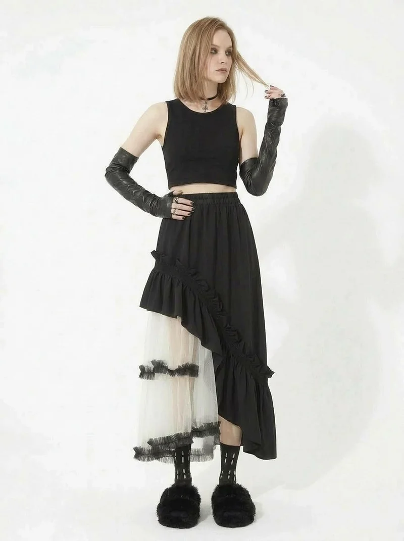 Asymmetrical Tulle Layer Minimal Goth Skirt – Black & Ivory