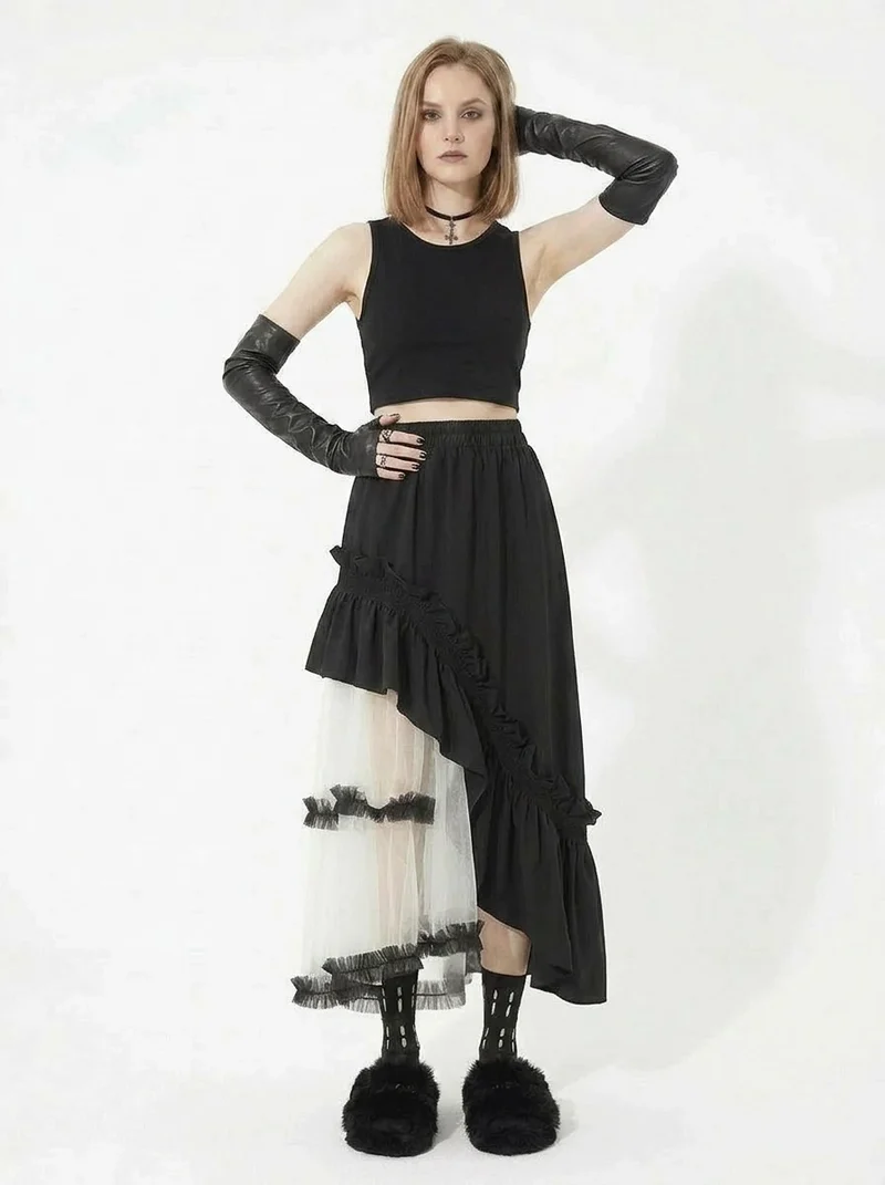 Asymmetrical Tulle Layer Minimal Goth Skirt – Black & Ivory