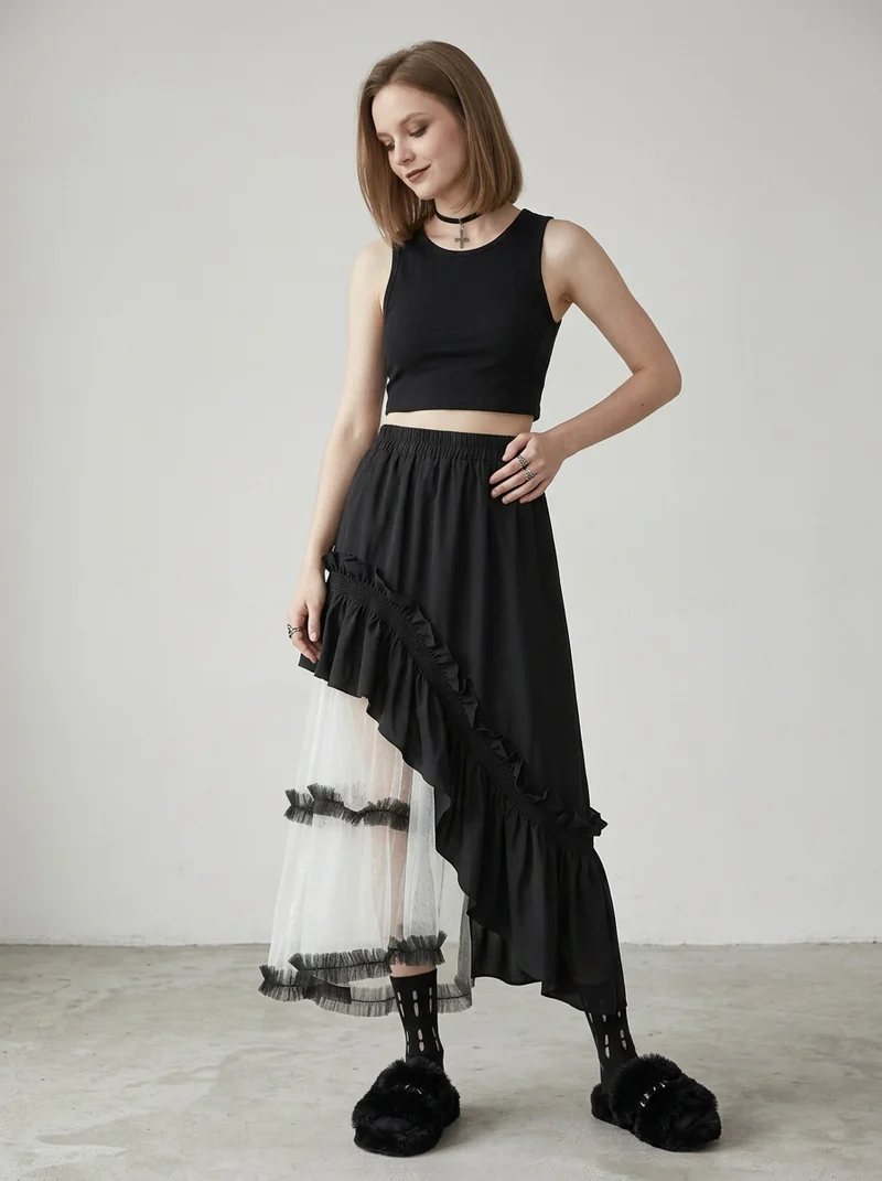 Asymmetrical Tulle Layer Minimal Goth Skirt – Black & Ivory