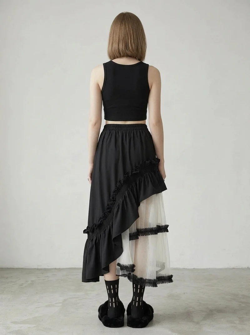 Asymmetrical Tulle Layer Minimal Goth Skirt – Black & Ivory