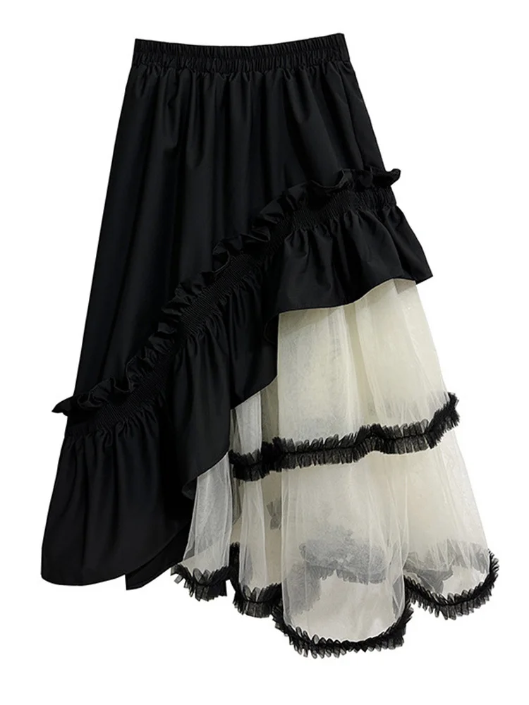 Asymmetrical Tulle Layer Minimal Goth Skirt – Black & Ivory