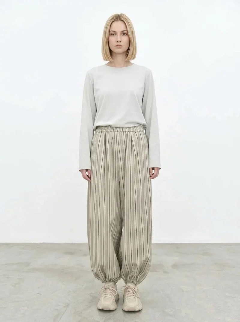 Sand Striped Relaxed Balloon Trousers